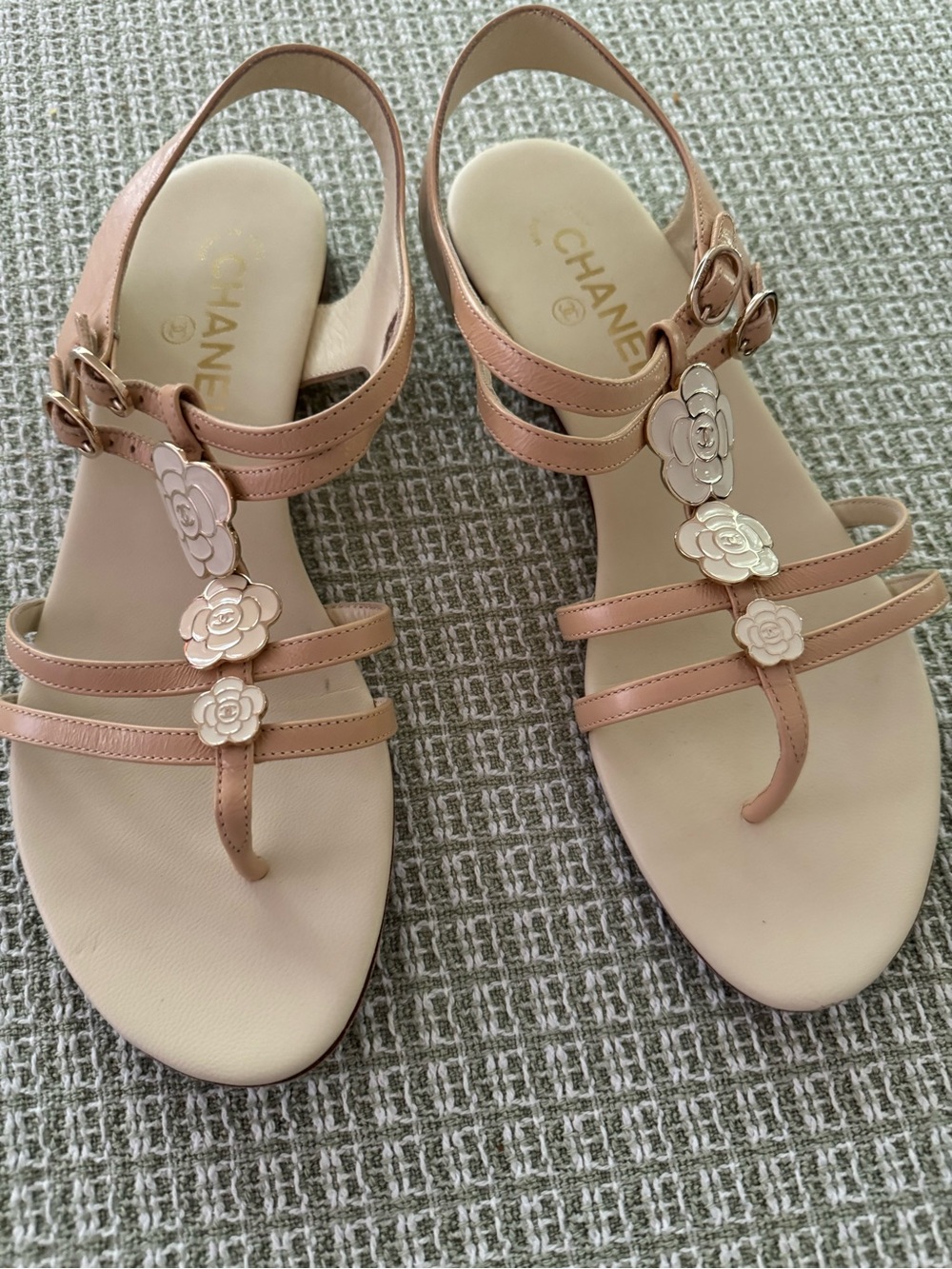 CHANEL Blush Nude Camellia T-Strap Leather Sandals